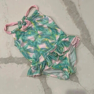 Floatimini Tropical Pink Green Print Ruffle Bow One Piece Bathing Suit Girls 6X